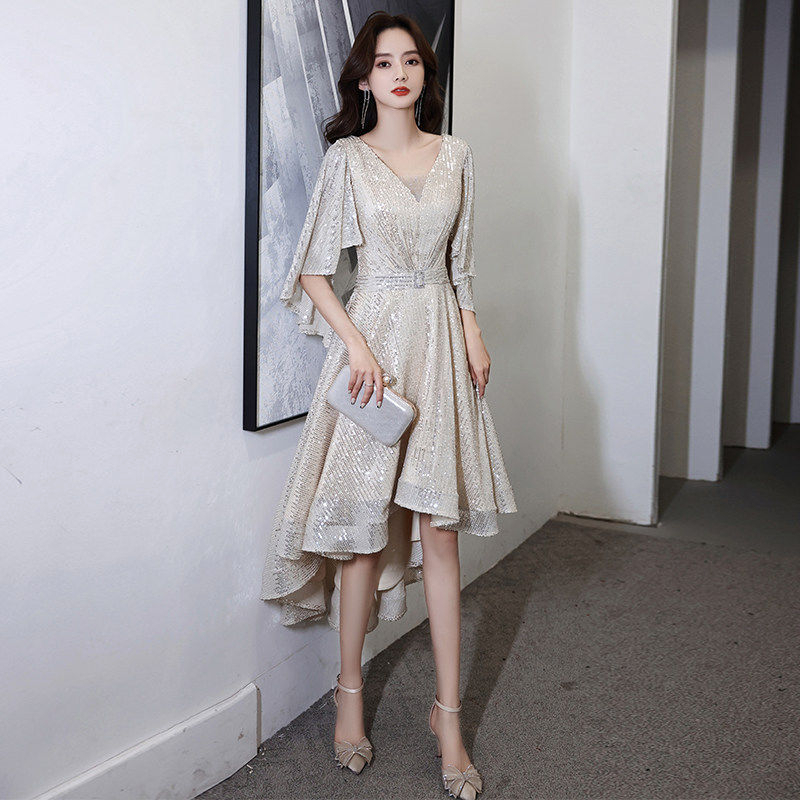 香檳色亮片小個子晚禮服 宴會氣質前短後長禮服裙 輕奢名媛尾牙春酒舞會禮服 v領帶披肩遮手臂顯瘦晚裝 尺碼可訂製 現貨速發 | 蝦皮購物