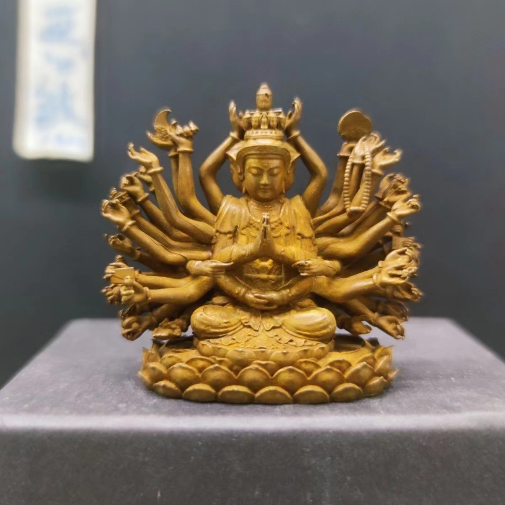準提菩薩純銅實心銅擺件準提佛母像隨身千手觀音小佛像迷你精緻裝飾品