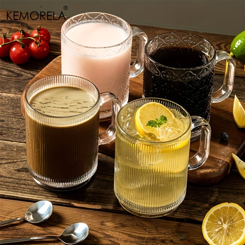 KEMORELA 簡約復古線條杯經典浮雕圖案馬克杯豎條紋咖啡杯帶把手飲料加厚透明玻璃條紋線條咖啡杯果汁茶加厚透明 | 蝦皮購物