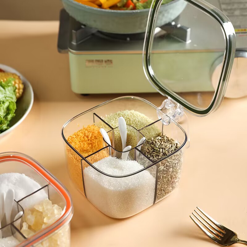 『附勺』調味盒 佐料盒 調料盒 帶蓋 防潮 鹽罐 調味罐 佐料瓶 玻璃 燒烤料 調味料盒 分格 塩盒 三格 放鹽 味精 | 蝦皮購物