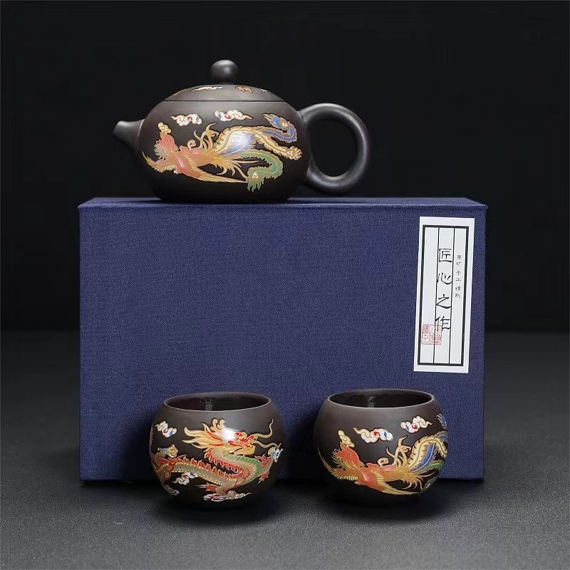 遇熱變色】龍鳳呈祥紫砂壺純手工茶壺宜禮宜藏泡茶壺遇熱龍鳳呈祥
