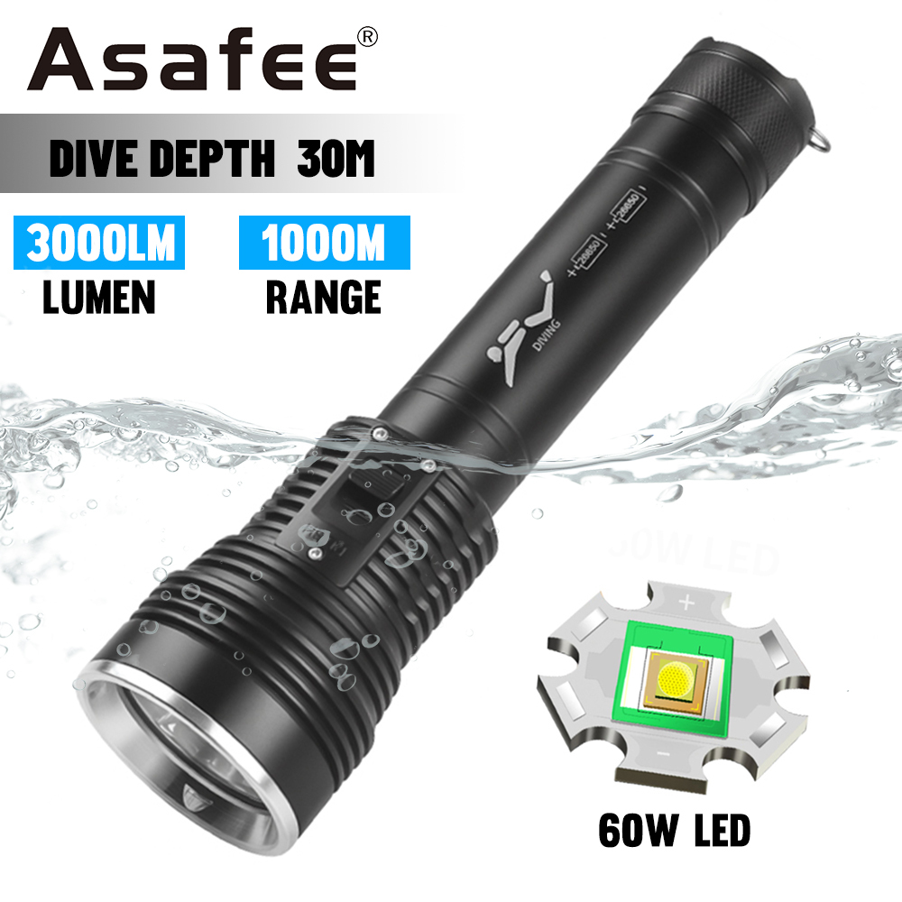 Aasfee D190-B 超亮60W LED專業潛水手電筒水下水肺3000LM 推磁開關潛水浮潜魚叉式水下燈籠潛水燈 | 蝦皮購物
