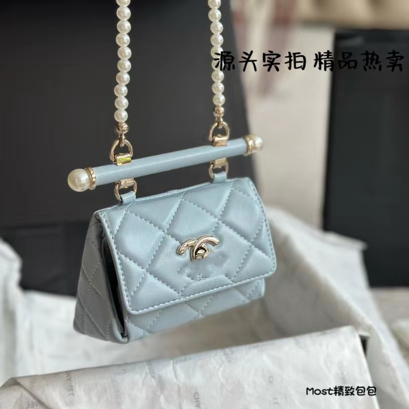 24s mini三角包 珍珠鏈 小廢包 口紅包 零錢包 菱格包 真皮包包 斜背包 斜背包 包包 女包 | 蝦皮購物