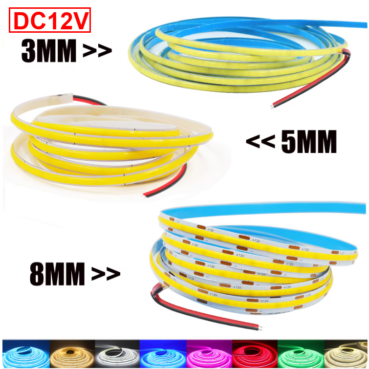 DC12V COB燈帶寬度窄版3mm 5mm 8mm 白色/粉色/紅色/黃色/冰藍色/綠色 電視背光柔性線性 LED 燈 | 蝦皮購物