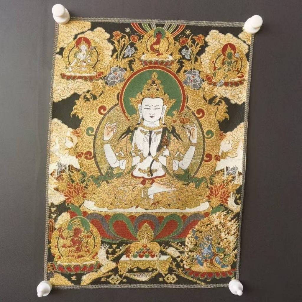 唐卡刺繡 織錦布刺繡【四臂觀音】尺寸:40cm×60cm 唐卡四臂觀音神像吊飾 可裝裱 | 蝦皮購物