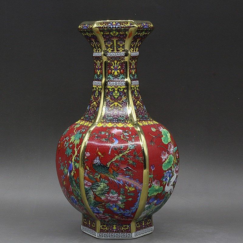 清乾隆紫地珐琅彩花鸟纹四方瓶做旧官窑仿古瓷古玩收藏摆件