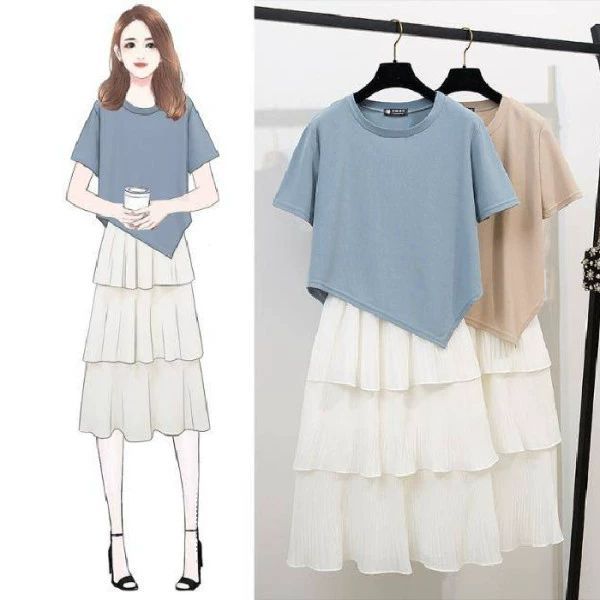 1 件女士休閒服裝個人套裝穿女士短袖圓領不規則上衣襯衫襯衫和寬鬆長裙彈性高腰闊腿 A 字裙 #8591 | 蝦皮購物