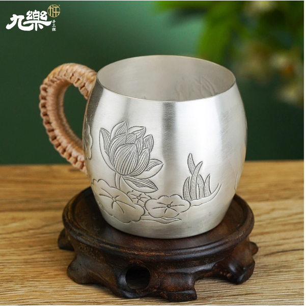 九樂非遺手工銀足銀水杯999錾刻蓮花荷葉杯150克銀茶杯銀水杯足銀