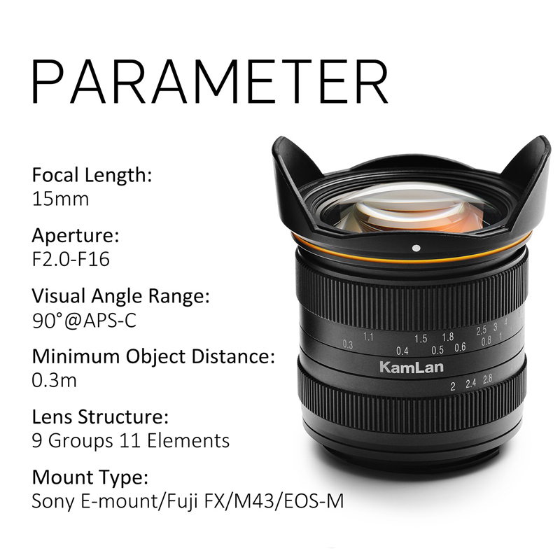 Kamlan 15mm f2.0 APS-C 廣角手動對焦鏡頭適用於EOS-M/ E/ FX/ M43 卡