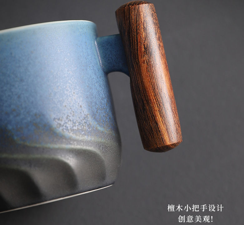 小茶杯 日式木柄品茗茶杯海波紋窯變漸變釉陶瓷功夫小茶杯單杯咖啡杯茶杯
