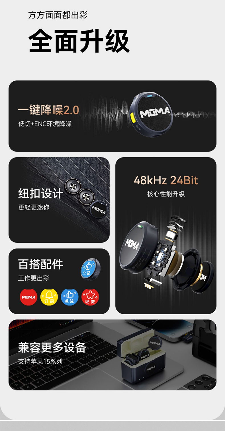 美品MOMA マイク猛玛 Lark MIX纽扣无线领夹式麦克风收音录音直播猛犸 moma猛玛lark MIX纽扣无线夹领式麦克风猛犸一拖二迷你