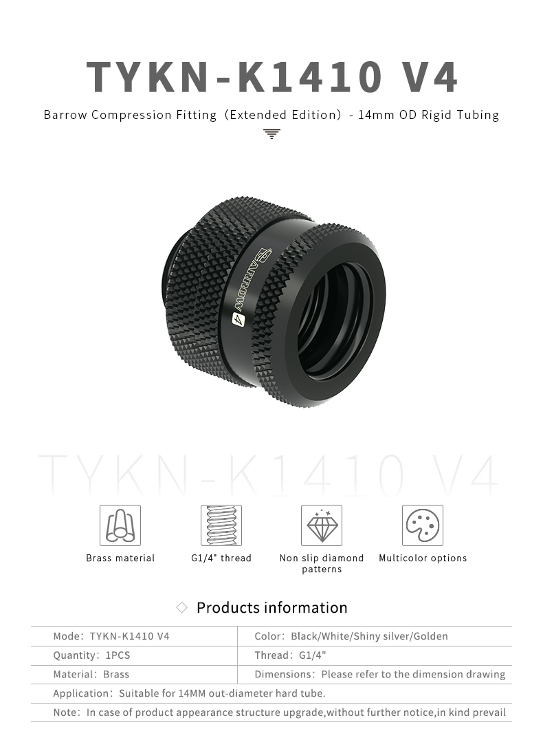 Raccordo Barrow TYKN-K1410 V4 Per Tubo Rigido OD 14mm, Filetto G1/4, Ottone, Per Watercooling PC