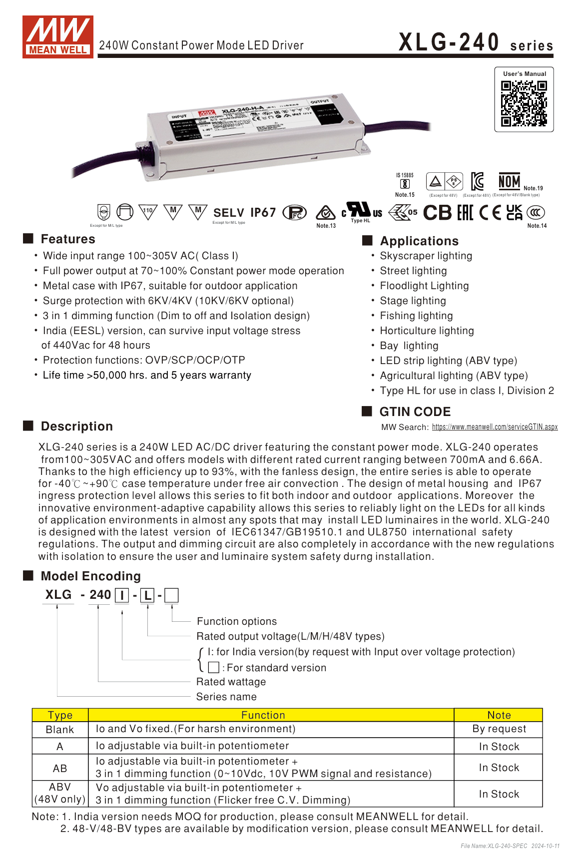 Mean WELL XLG-240-L-A XLG-240-M-A XLG-240-H-A LED驅動電源 MEANWE | 蝦皮購物