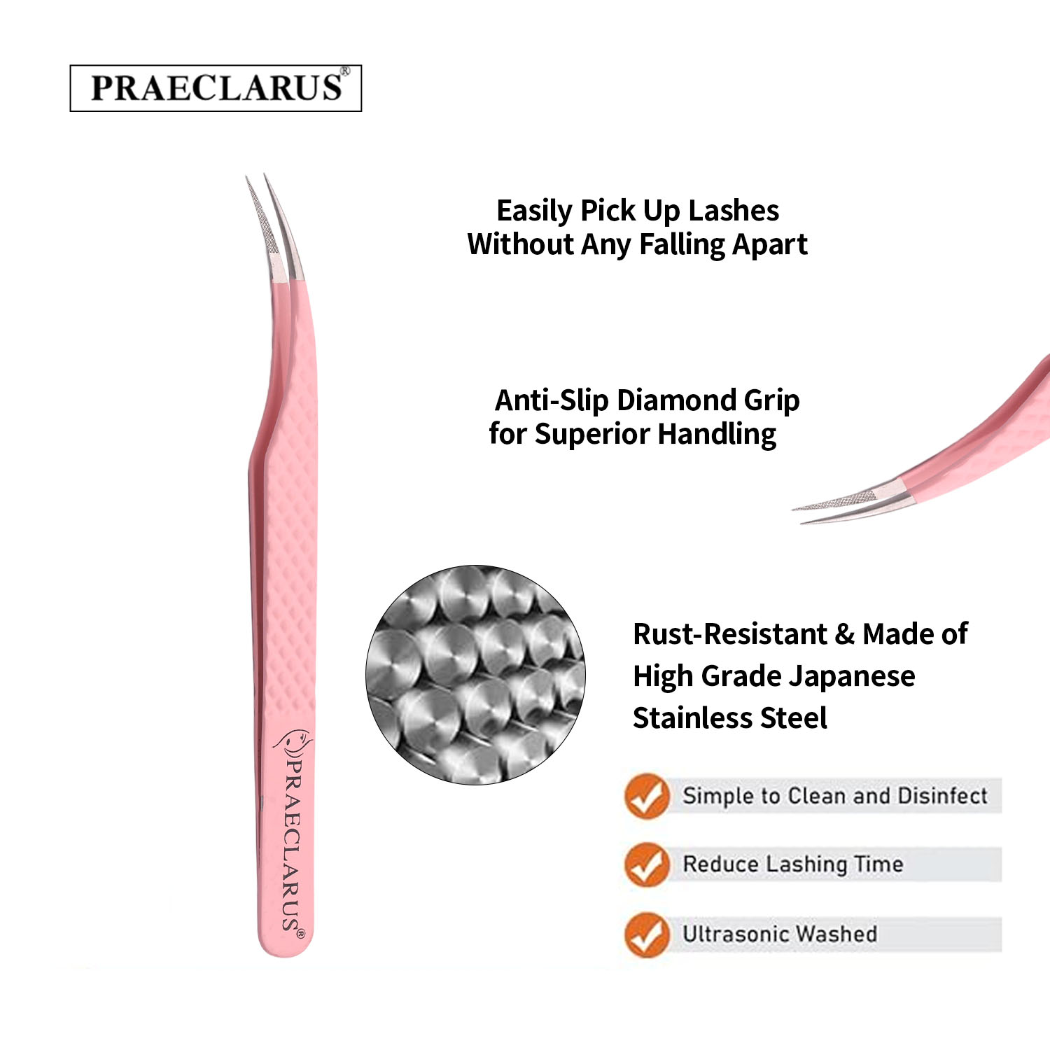 PRAECLARUS Tweezers 粉色不銹鋼纖維設計高品質和精密防腐抗酸專業睫毛延長鑷子塗抹工具 | 蝦皮購物
