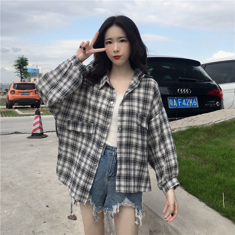 長袖格子襯衫女學生韓版寬鬆春夏薄款百搭風中長款開衫外套lzx 長袖格子襯衫女學生韓版寬鬆春夏薄款百搭風中長款開衫外套lzx