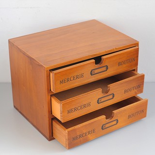 zakka復古三層抽屜木質收納柜 辦公桌面收納整理盒抽屜柜