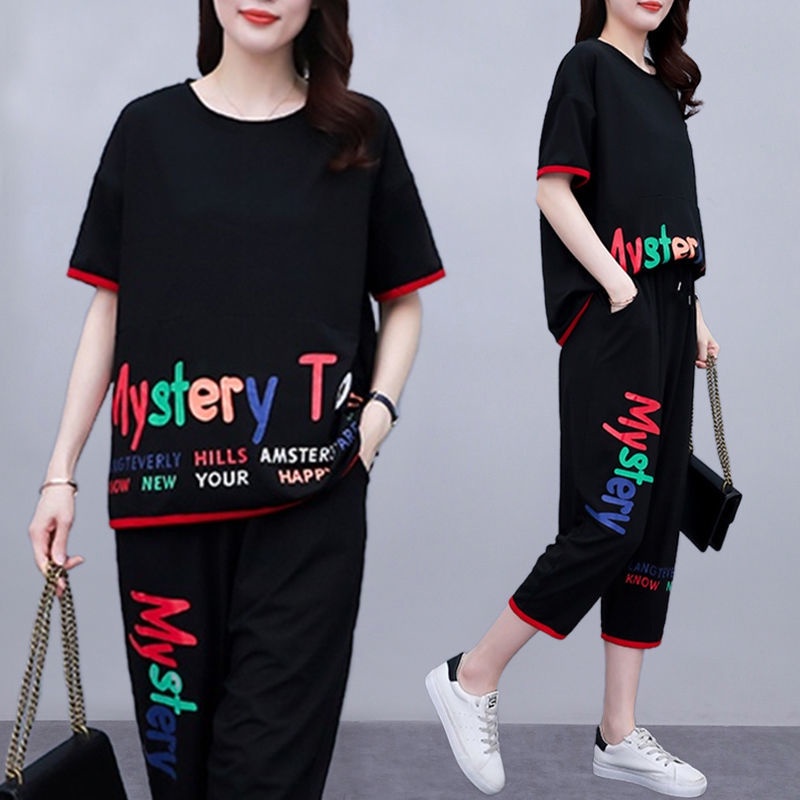 套裝 胖妹妹顯瘦時尚休閑套裝 女新款胖mm大碼女裝夏裝兩件套 新款媽媽裝 | 蝦皮購物