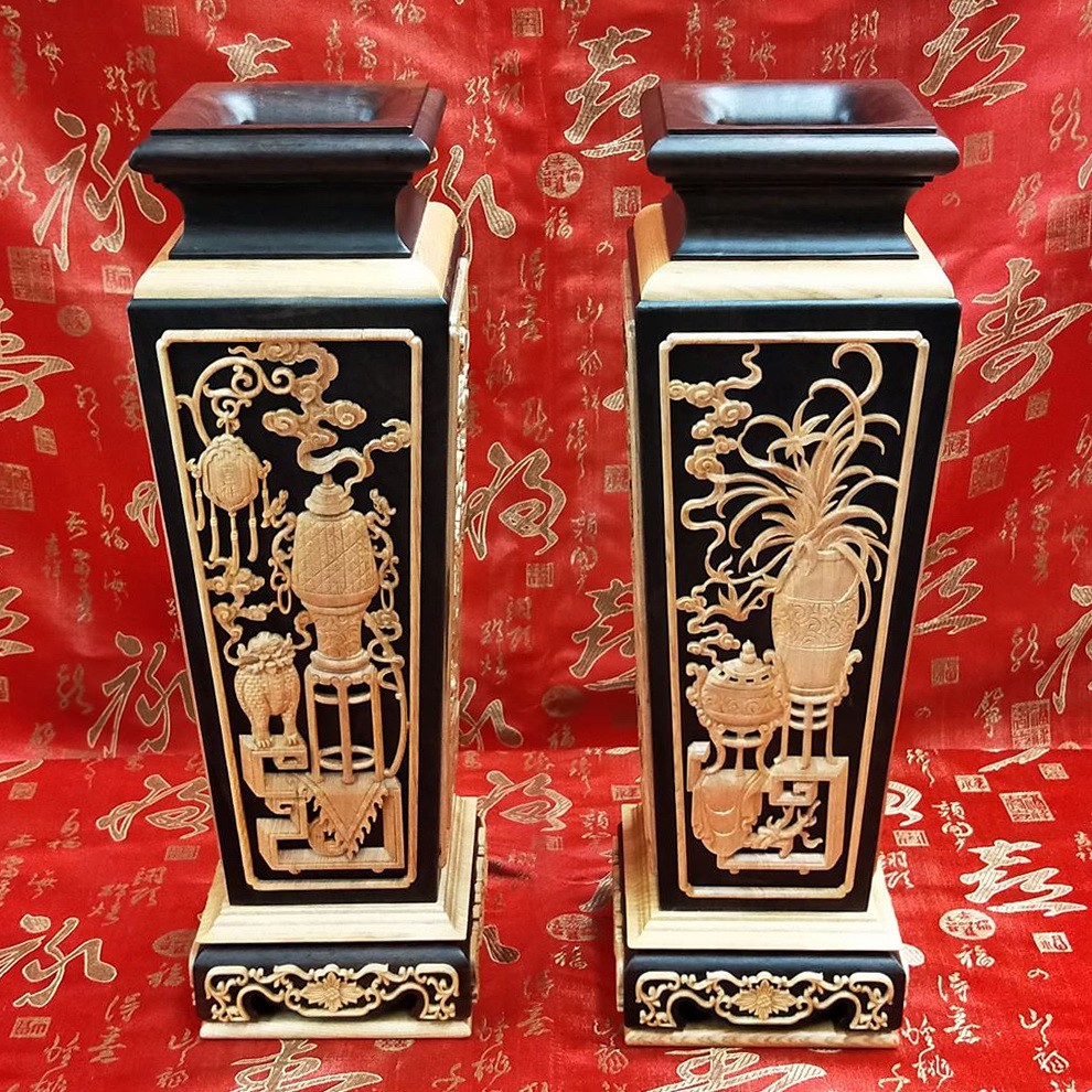 嘉慶黑檀入檜木1尺3 四角花瓶1對】全臺專賣阿忠師傅作品臺灣出貨