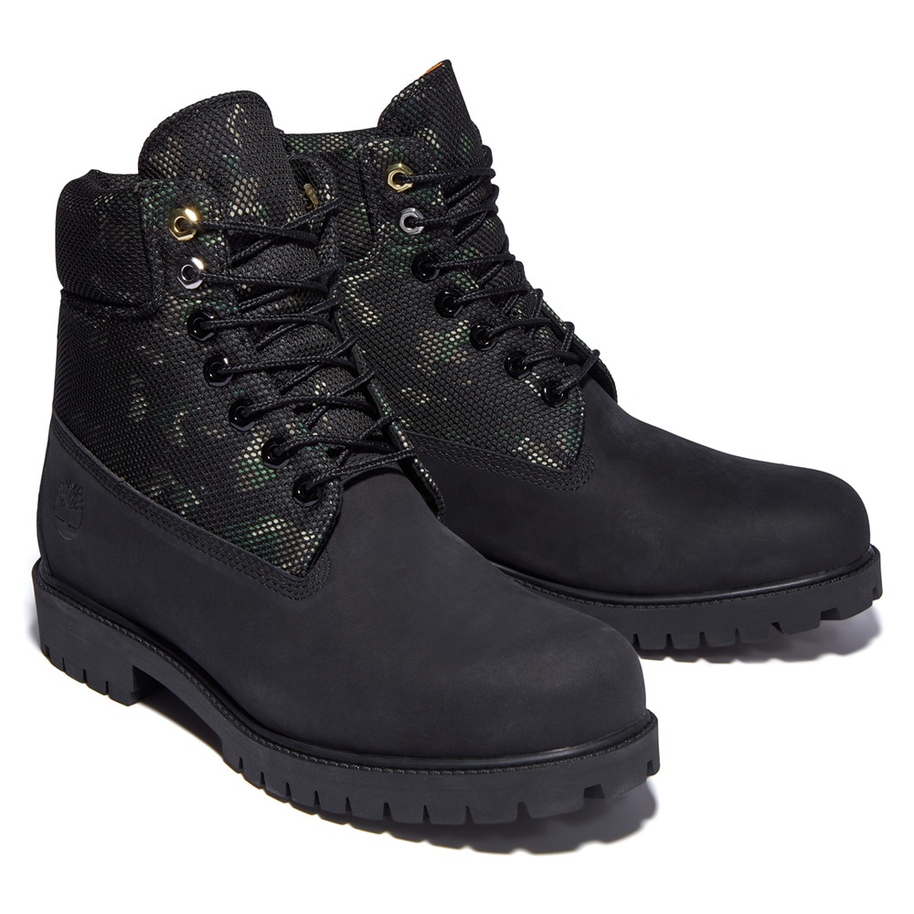 Timberland 男鞋黑色磨砂革迷彩印刷6吋防水靴A2KK9 橡膠耐磨抓地力撞色