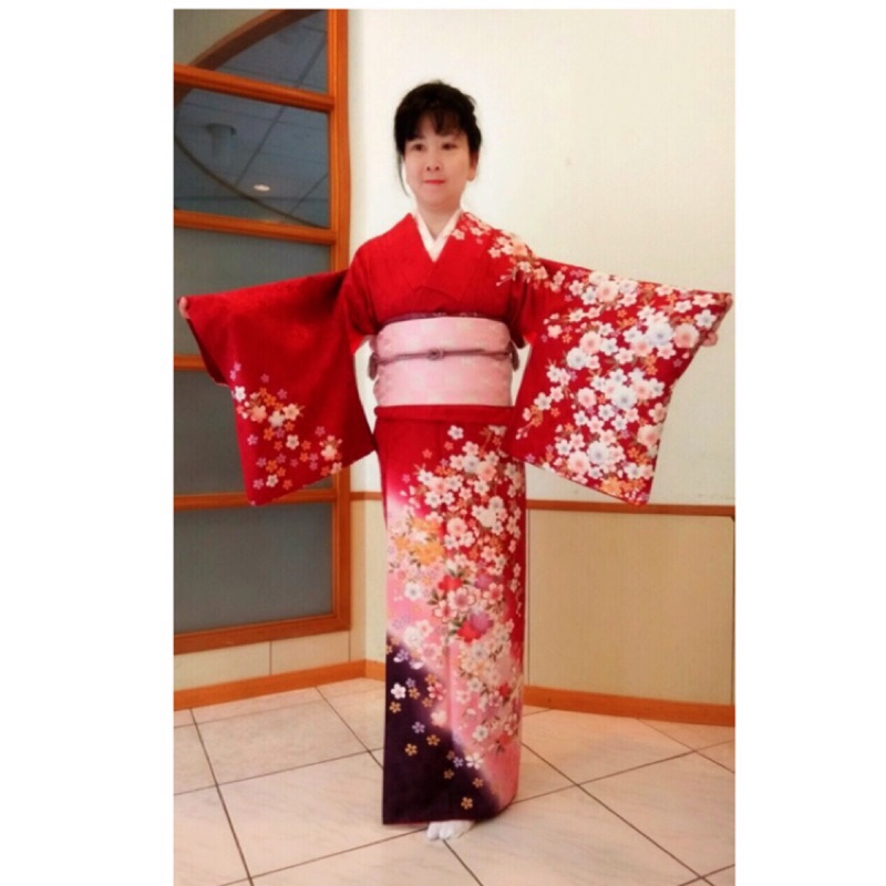 日本和服 -- 正絹訪問著 繽紛 紅色系 櫻花 高級品 衍長加長
