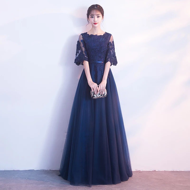 女士深藍色晚禮服 名媛優雅收腰顯瘦洋裝 伴娘婚禮場合 春酒尾牙 主持 回門晚宴 短袖長禮服 表演 大尺碼黑色連衣裙 显瘦 | 蝦皮購物