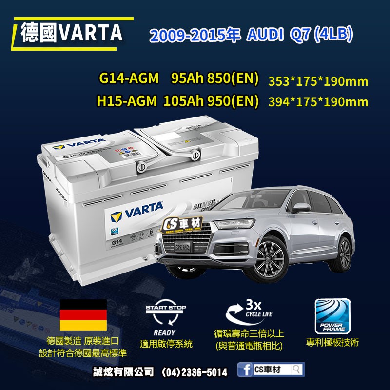 CS車材- VARTA 華達電池AUDI Q7 (4LB) 09-15年AGM G14 H15 代客安裝