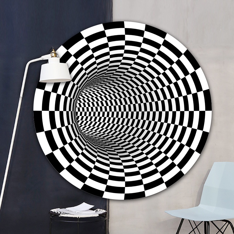 地墊視覺立體圓形地毯黑色格子幻覺陷阱地墊錯覺旋渦3D螺旋茶几墊