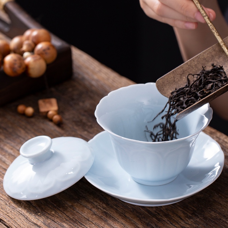 老陶泥青花三才蓋碗茶杯復古功夫茶具單個高檔防燙家用陶瓷泡茶碗