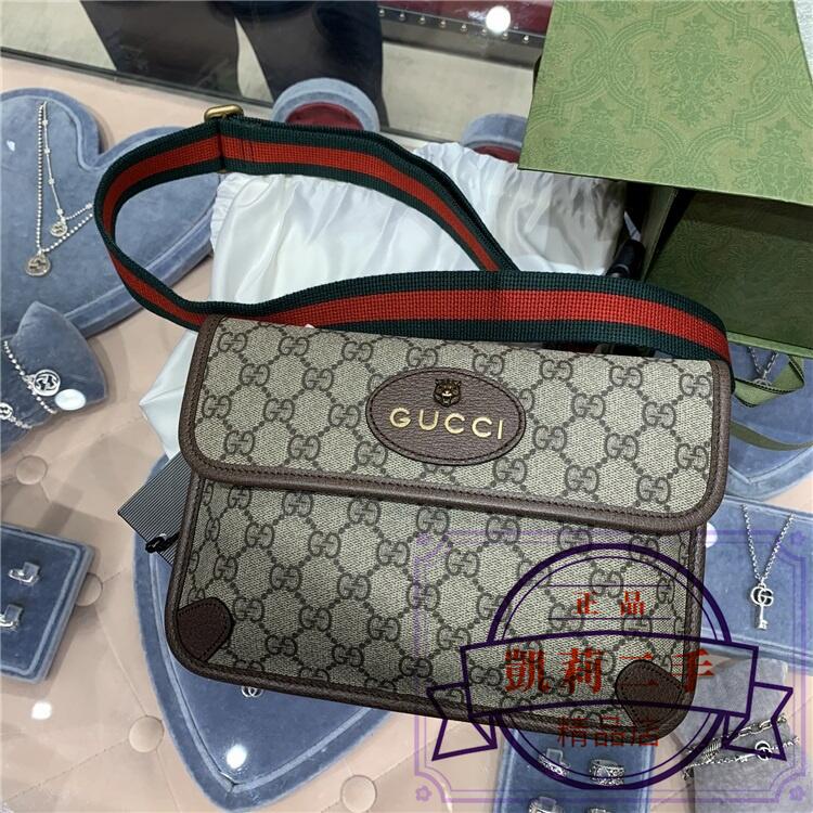 凱莉二手 Gucci 古馳 Gg Supreme帆布腰包 虎頭腰包 斜挎包 女士胸包 493930 棕 黑色 蝦皮購物