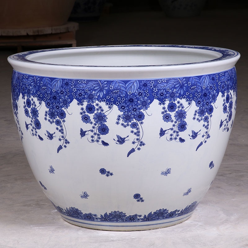 免運到府陶瓷魚缸蓮花釭金魚荷花釭水養釭青花缸陶瓷魚缸戶外1米特大水