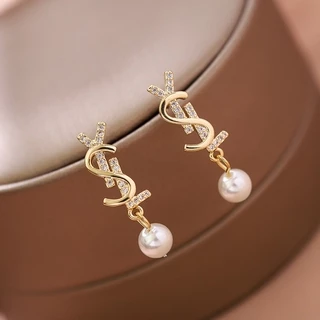 韓版新款氣質字母簡約珍珠耳環高端鑽石通用耳環女士
