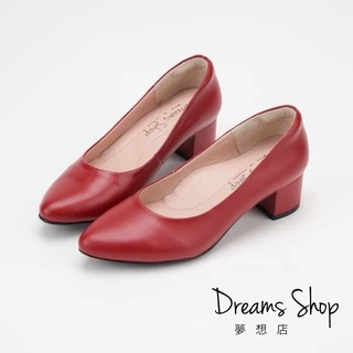 DREAMS SHOP 台灣製真皮減壓素面寬楦尖頭氣墊高跟鞋4.5cm 紅色【PW901】大尺碼女鞋37-45