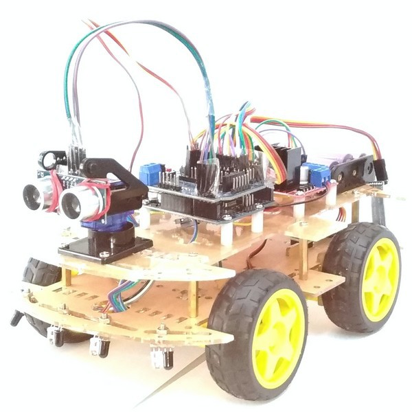 Arduino 4輪避障車 四輪循跡自走車 提供教學程式碼 杜邦線+UNO開發板及擴板+循跡+伺服馬達雲台+電池盒 | 蝦皮購物