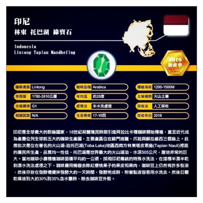咖啡熟豆 綠寶石曼特寧G1 林東省托巴湖塔皮恩島 印尼蘇門答臘 水洗 波雷克堤咖啡 每單限重4公斤 | 蝦皮購物