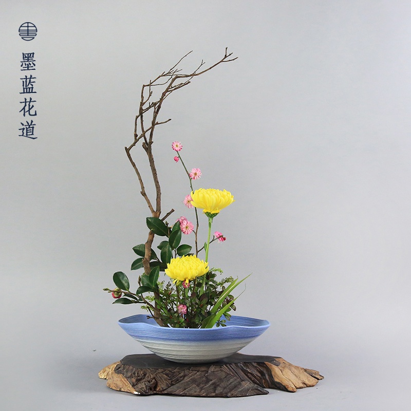 花器現貨 日本進口勝樂燒陶瓷藍色荷葉邊插花 小原流池坊草月流