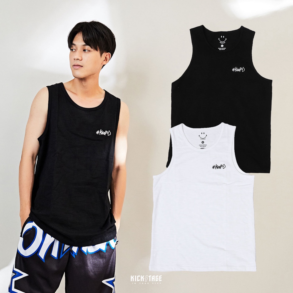 #KEEP VEST 黑色 白色 閃電微笑 刺繡 竹節棉 重磅 內搭背心 坦克背心 健身 運動【KS116】 | 蝦皮購物