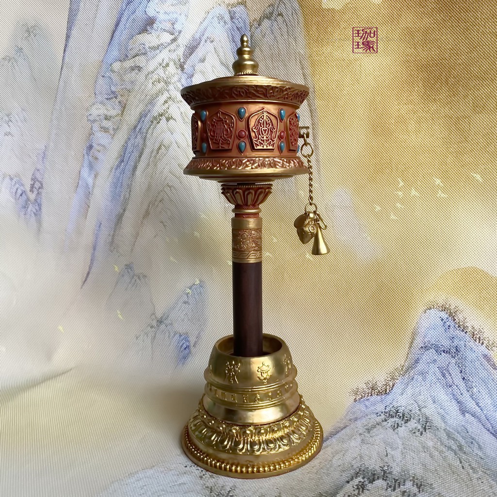 珈瑪-八吉祥掐絲手搖轉經輪-銅製（含底座） 手搖轉經筒手動轉經