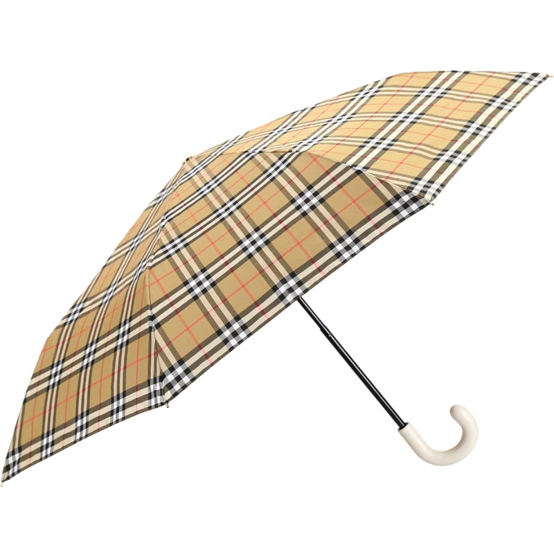 BURBERRY Vintage 牛皮 提把 經典 黃咖 格紋 折疊 晴雨傘