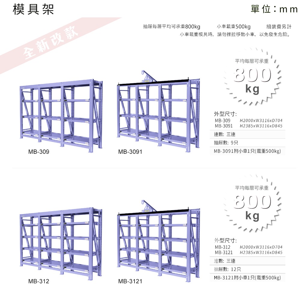 【天鋼】MB-3091 三連式模具架 附小吊車x1 每層承重800kg 置物架 模具架 物料架 倉儲架 收納架 層架 | 蝦皮購物