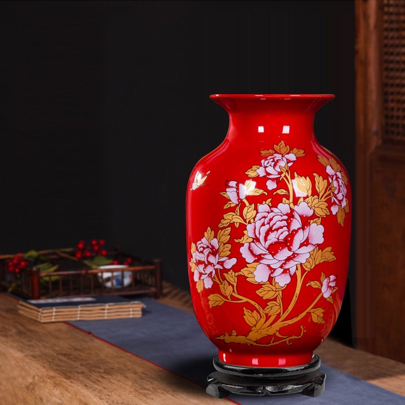 景德鎮陶瓷器傳統中國紅花瓶家居工藝品客廳裝飾品插花瓷瓶擺件結婚| 蝦皮購物