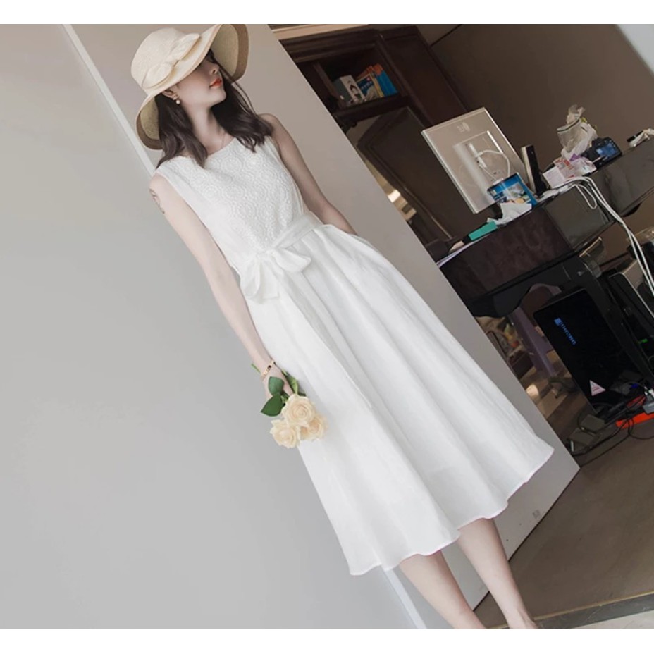Zp♥Shop【A20414】白色繫帶蕾絲雪紡連身裙洋裝連衣裙婚禮洋裝過膝長洋裝無袖洋裝渡假洋裝| 蝦皮購物
