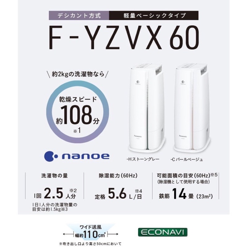 日本Panasonic F-YZVX60 Nanoe殺菌除臭乾衣除濕機乾衣機輕量省空間F