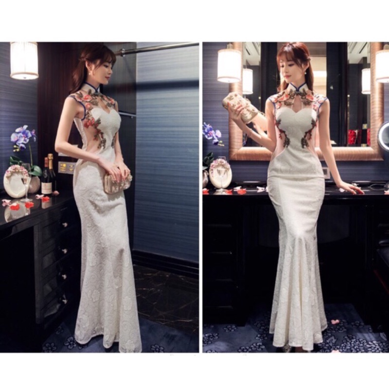 改良式蕾絲魚尾修身旗袍禮服| 蝦皮購物 