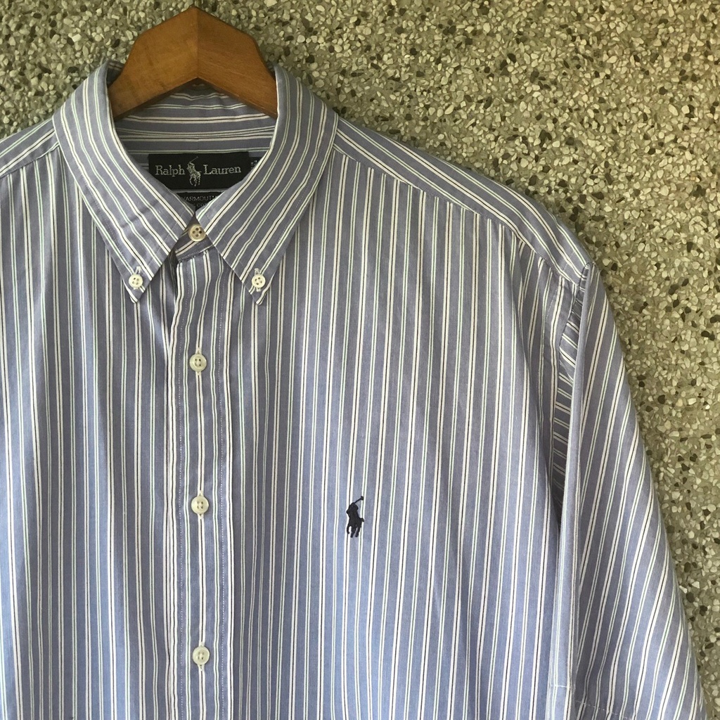 Oldman Vintage] Polo Ralph Lauren 藍白綠條紋深藍標馬球古著襯衫約XL