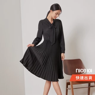 niceioi 領口綁結拼接設計洋裝【特惠】黑色洋裝 連身裙 洋裝 秋天套裝 女裝 現貨 快速出貨