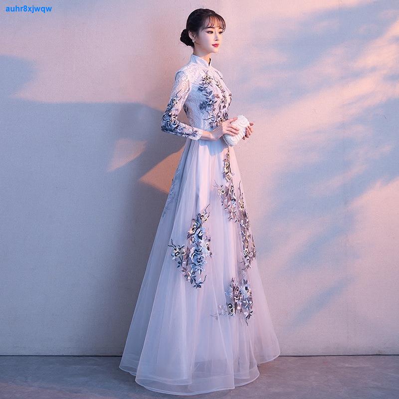 晚禮服女秋冬新款宴會氣質長款仙氣主持人中式立領禮服 | 蝦皮購物