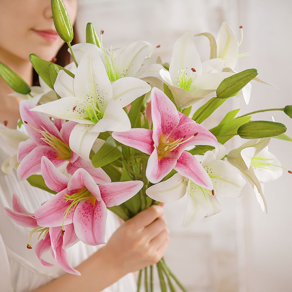 人造百合花束 二花一苞 仿真花 假花 婚禮家居裝飾花材 插花假花 手捧花 人造花