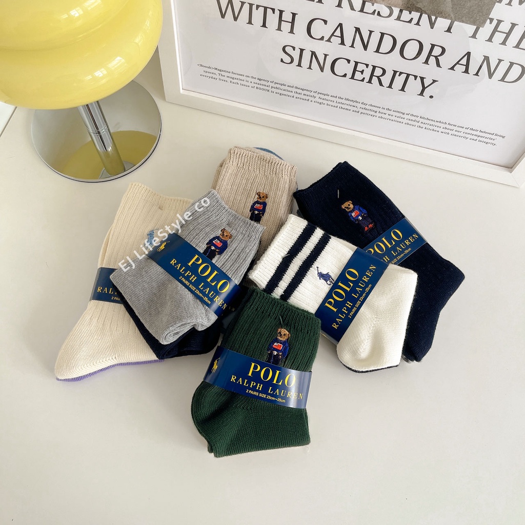 -EJ- 現貨 POLO RALPH LAUREN 熊熊 刺繡 襪 長襪 中筒襪 紫 奶油白 灰 藍 深藍 條紋 | 蝦皮購物