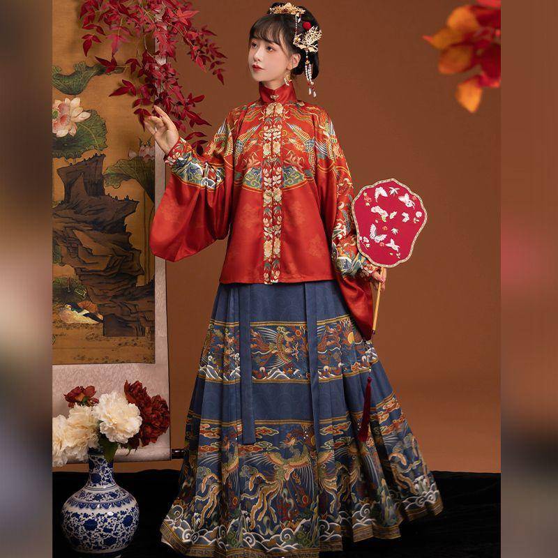 屏風　刺繍琵琶袖丸襟短衫 赤金色長袖アウター　明製漢服　中国伝統衣装　着物和服