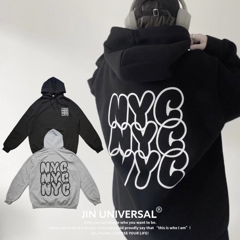 【JIN】現貨！JIN UNIVERSAL 印花NYC簍空堆疊字體帽TEE 帽T 長袖 連帽 “平價穿搭”